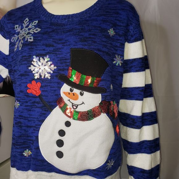 Blue and White Winter Holiday Sequin Snowman Sweater Hi Low Hem Size Large - Picture 7 of 8